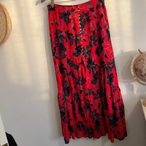 Free people red floral maxi skirt with buttons and front slit